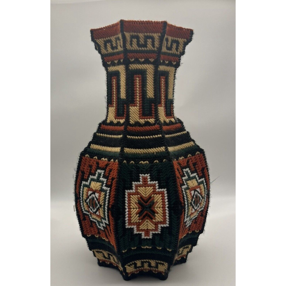 Vtg Plastic Canvas Vase Needle Point Cross Home Decor Granny Cottage Core